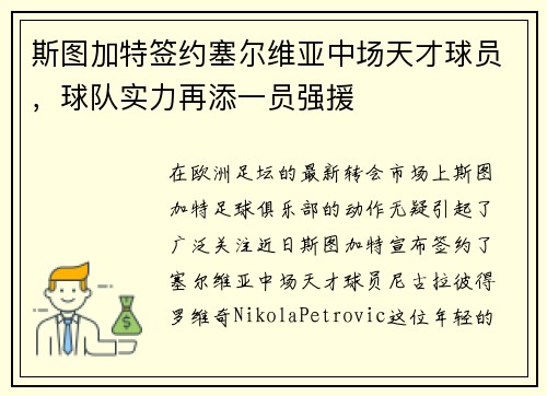 斯图加特签约塞尔维亚中场天才球员，球队实力再添一员强援